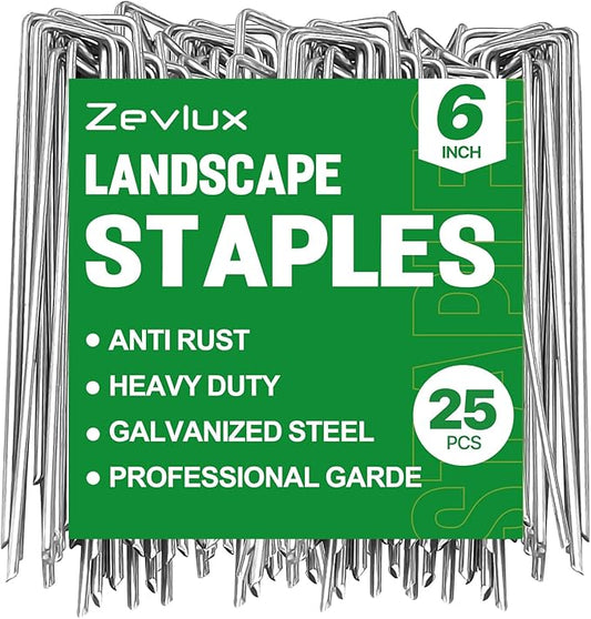25pcs 6 Inch Garden Landscape Staples 11 Gauge Galvanized Lawn Stakes, Heavy Duty Sod Pins for Fences, Lawns, Weed Barriers, and Landscape Fabrics, Netting, Irrigation Hose, Floor Mats