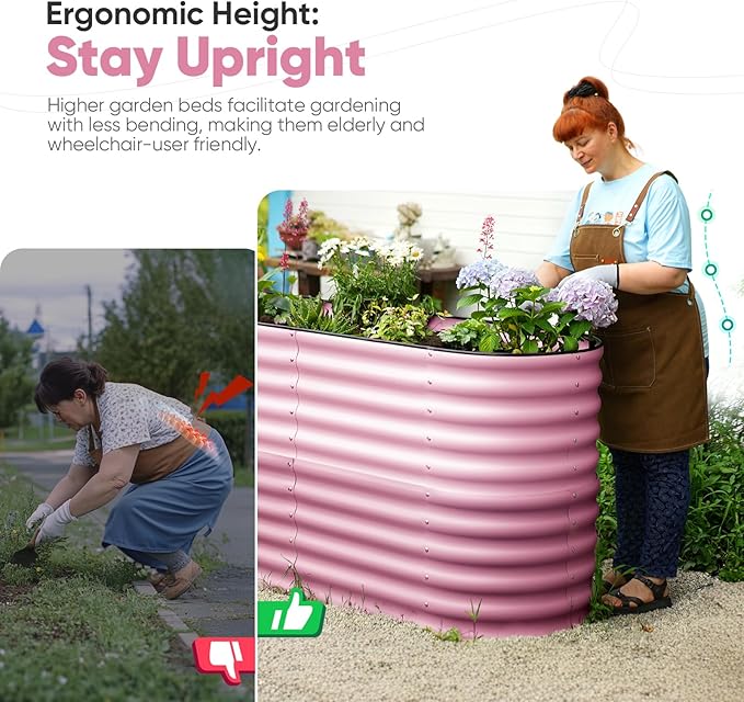 KING BIRD Raised Garden Bed 2.85 ft Tall 9 in 1 Galvanized Planter Garden Box Outdoor for Gardening, Deep Root Vegetables, Flowers 94.5X23.6X34.2 in, Pink
