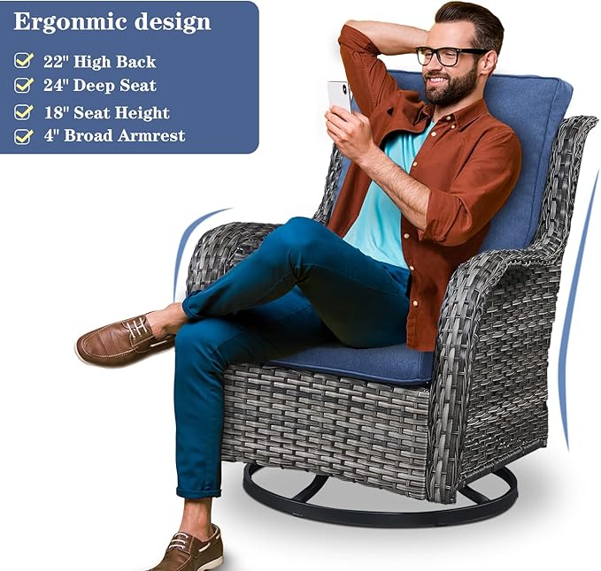 5 Pieces Patio Furniture Sets Wicker Outdoor Furniture, Rattan Patio Swivel Glider Chairs with 2 Ottoman and Glass Side Table
