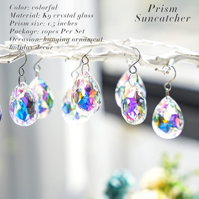 10pcs 38mm Suncatcher Crystal Teardrops Chandelier Parts,Chandelier Crystal Prisms Pendants with Hook,Hanging Crystals for Lamp Window Christmas Tree Decoration(AB Colors)