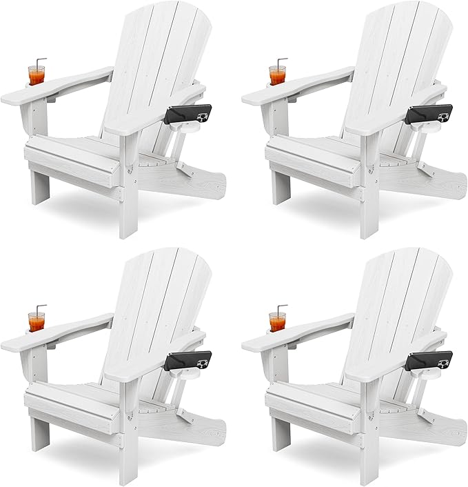 KINGYES Folding Adirondack Chair Set of 4, Dual Cup Holders & All-Weather HDPE, Wood-Like Patio Chair for Backyard, Camping, Pool & Fire Pit, White