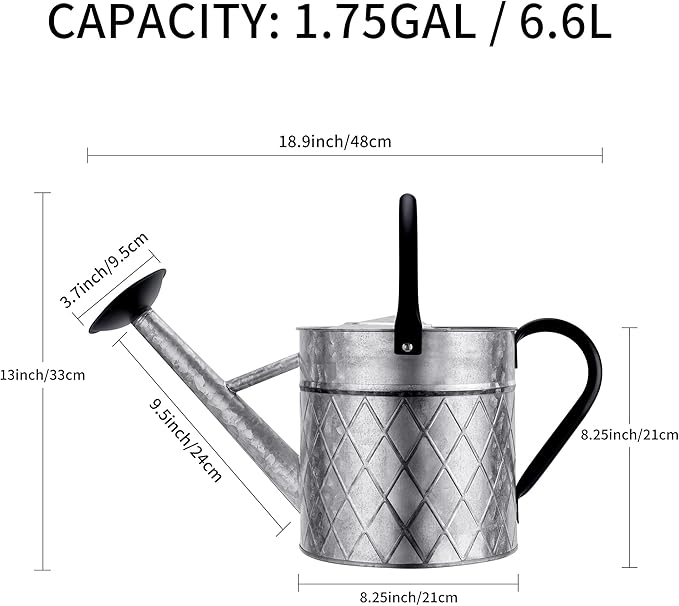 1.75 Gallon Outdoor Galvanized Metal Watering Can for Garden Plants, Vintage Zinc Watering Can with Removable Spray Spout, Ideal for Outdoor Use (Silver)
