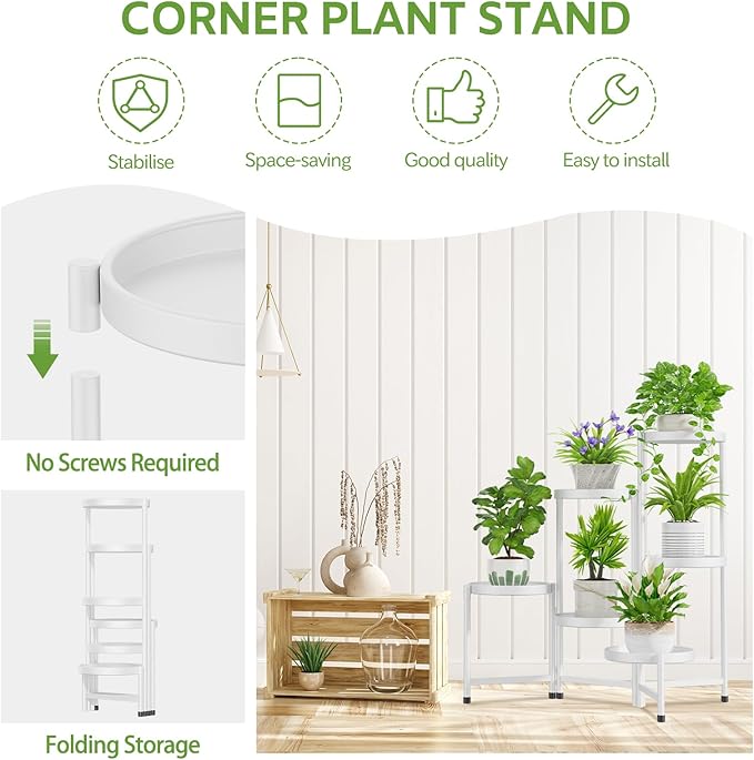iDavosic.ly 6 Tier Large Plant Stand Indoor with 10 Inch Wide Tray, Tiered Corner Metal Outdoor Flower Display Holder Shelf, Folding Tall Rack for Patio Porch Living Room, White