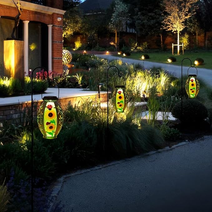 2 Pack Sunflower Solar Lantern,Retro Solar Lanterns Outdoor Waterproof,Stained Glass & Metal Hanging Solar Lantern,LED Tabletop Lamp Solar Lights,Sunflower Outdoor Solar Lanterns for Pathway