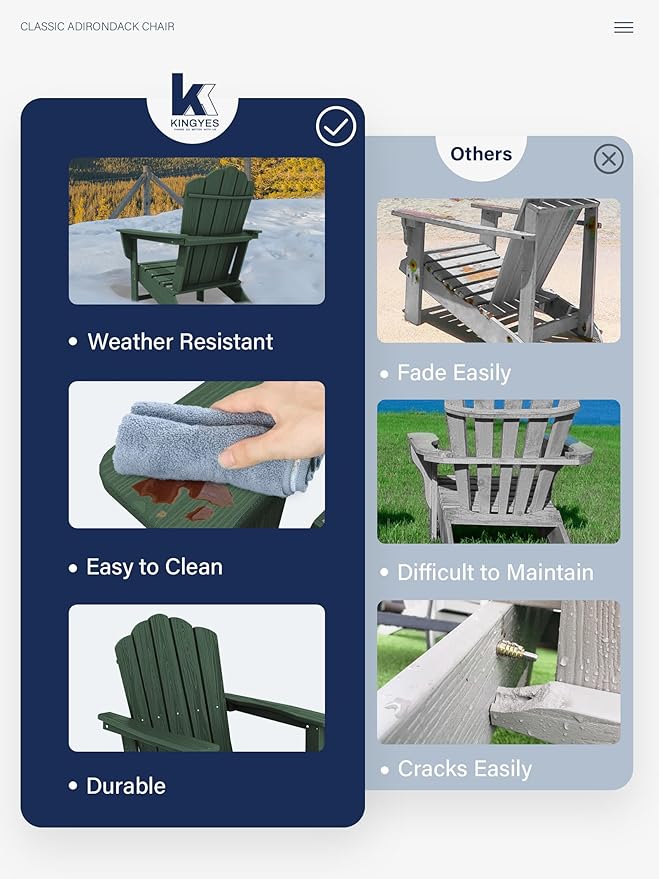 KINGYES HDPE Adirondack Chair Set of 6, Classic All-Weather Adirondack Chair, Green