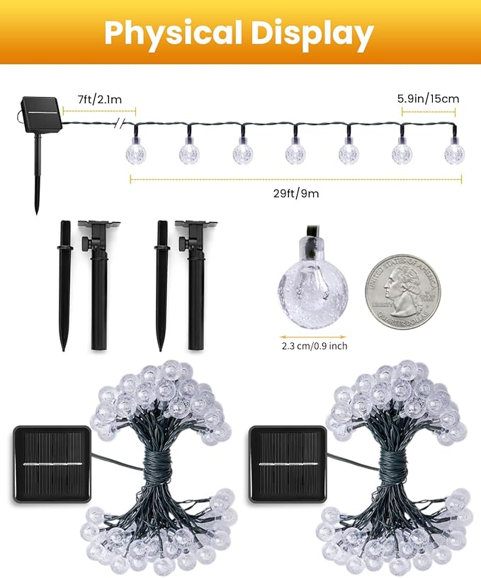 Solar String Lights Outdoor Waterproof, 2-Pack 120 LED 72Ft Total, Crystal Globe Lights with 8 Lighting Modes, Solar Powered Patio Lights for Garden Yard Porch Wedding Party Decor (Multicolor)