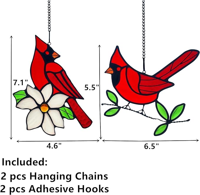 2 Packs Stained Glass Red Cardinal Memorial Gifts for Women, Stained Glass Window Hanging, Red Cardinal on Branch Ornament Suncatcher, Handmade Bird Decor Gift for Mom, Bird Lover