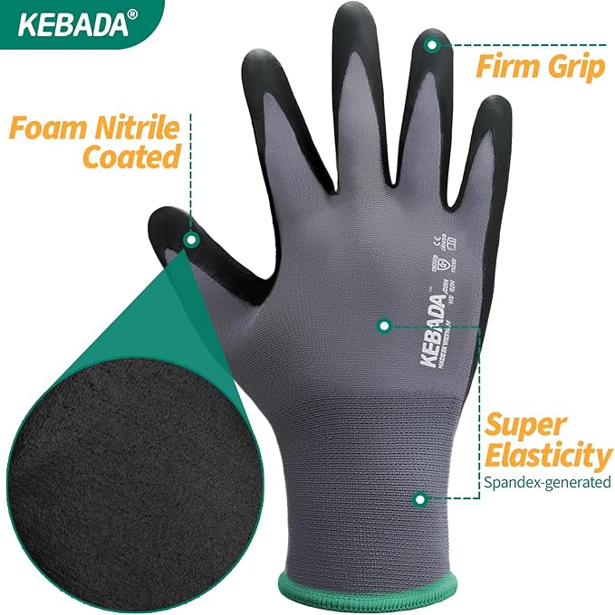 Kebada Work Gloves for Men and Women, Foam Nitrile Coated Safety Gloves with Grip, Ideal for Warehouse Package Handling, Gardening, Mechanic and Construction, Small