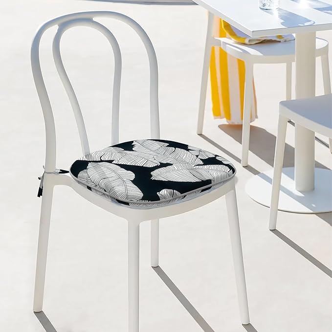 Indoor/Outdoor Chair Cushions 16x17 Inch, Patio Chair Cushions with Ties, All Weather Seat Cushions for Patio Furniture Home Garden Chair Use, Set of 4, Black Lush Leaves