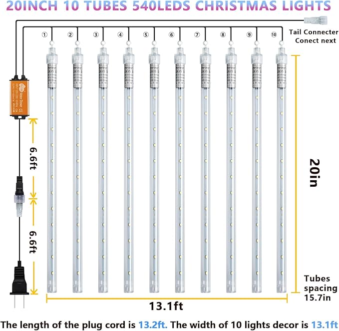 High Brightness 10 Tube 540 LED 20 Inch Meteor Shower Rain Lights Cascading Falling Rain Outdoor Lights for Christmas Roof Eaves Tree Decoration Icicle Raindrop
