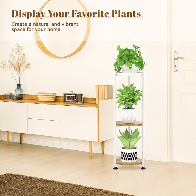 KMOTASUO 3 Tier Tall Plant Stands Indoor, 34 Inch Metal Wood Corner Plant Stand for Indoor Plants, Round Flower Pot Holder Shelf Display Rack for Balcony Garden Patio Living Room(White)