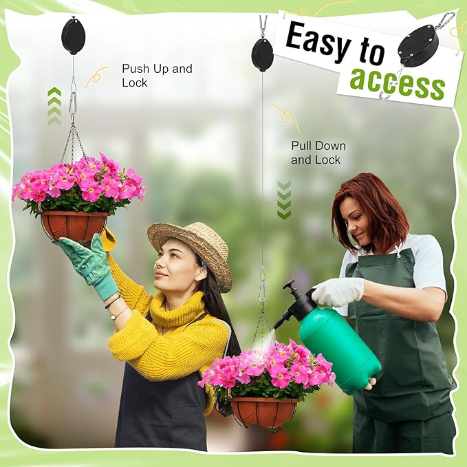 Plant Pulleys, Heavy Duty Retractable Hangers, 304 Stainless Steel Rope, Auto Plant Holder, Adjustable Climbing Hook for Garden Baskets, Watering, or Bird Feeders 2PC (Black)
