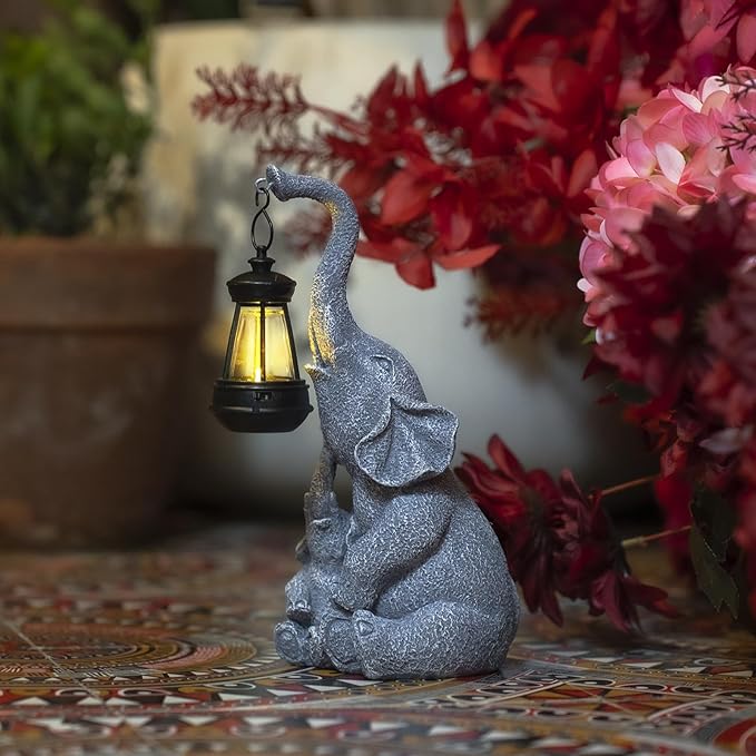 Solar Garden Elephant Statue Outdoor Decor, Cute Elephant Figurines Waterproof Garden Decor with Solar Lantern, Small Elephant Decor for Garden Yard Art Lawn Porch, Garden Gifts for Women (Elephant)