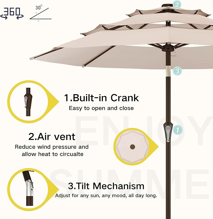 Kingdura 10ft 3-Tier Patio Umbrella, Outdoor Table Umbrella with Easy Crank & Tilt, 8 Reinforced Ribs, UV Protection for Deck, Pool, Market, Backyard (Beige)