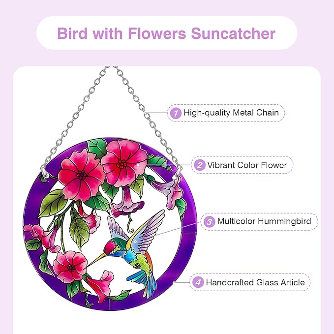 Larger Purple Stained Glass Window Hanging, Hummingbird Gifts for Women, Bird and Flowers Suncatcher, Hummingbird Gifts for Women, Bird and Flowers Suncatcher for Window, Hand Painted Glass