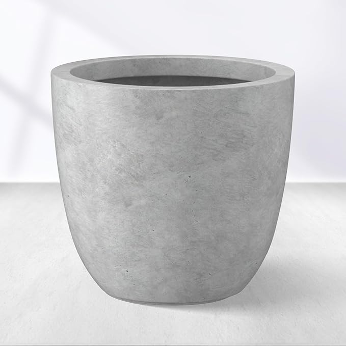 Kante 14 Inch Dia Round Concrete Planter, Indoor Outdoor Large Plant Pot with Drainage Hole and Rubber Plug for Home Patio Garden, Gray Concrete