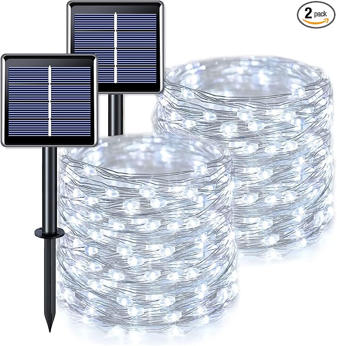 JMEXSUSS Total 400 LED White Solar Christmas Lights Outdoor Waterproof, 2 Pack 66ft Solar String Lights, 8 Modes Solar Fairy Lights for Yard Patio Tree Christmas Decor