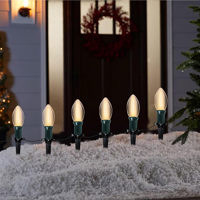C9 Led Christmas Pathway Lights Outdoor, 38Ft 25 LED C9 Warm White Pathway Marker Stakes Lights, Connectable Christmas Walkway Lights UL Listed for Yard Lawn Sidewalk Driveway Christmas Decorations