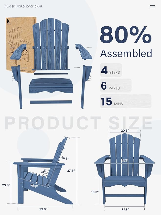 KINGYES HDPE Adirondack Chair, Classic All-Weather Adirondack Chairs Set of 8, Outdoor Patio Adirondack Chair for Deck Lawn fire Pit, Navy