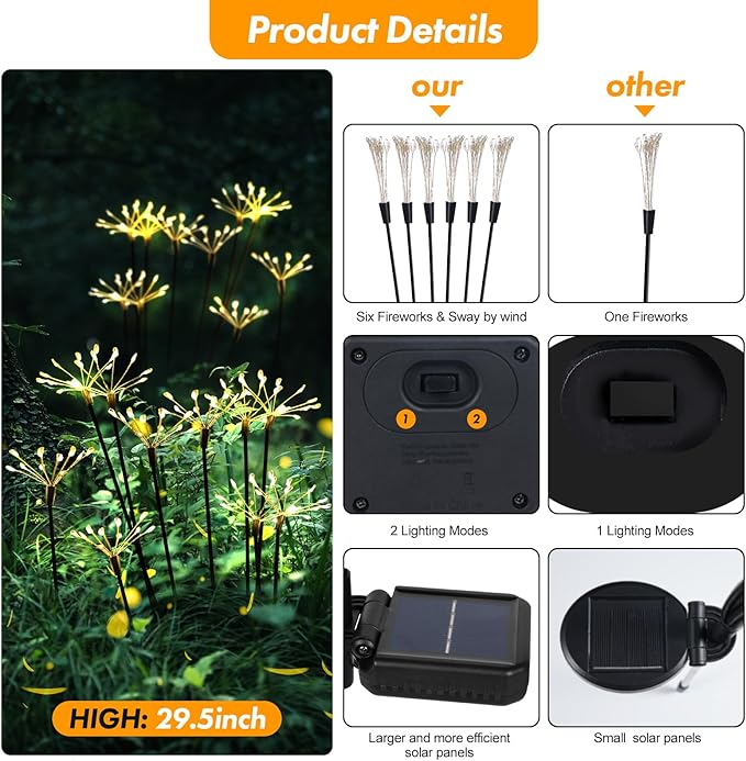 Solar Garden Light 4 Pack Twinkling Solar Firework Lights with 2 Modes 240LED, Solar-Powered Outdoor Waterproof for Outside Yard Pathway Garden Decor, Gardening Gifts for Women Mothers Day, Warm