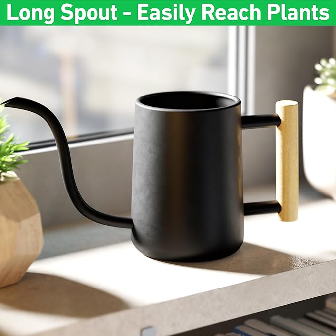 35 Ounce Metal Small Indoor Watering Can with Long Spout & Real Wood Handle for House Plants, Succulents, Cacti & Seedlings - Black Long Spout Watering Can Indoor Plants - Gentle Flow & No Spills
