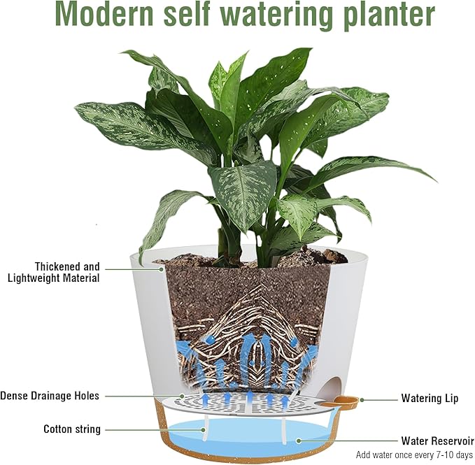 12 inch Large Self Watering Pots for Indoor Outdoor Plants, Flower Plant Pots with Drainage Holes for Garden House Plants, Plastic Planters with Reservoir for Home Plants, White with Brown