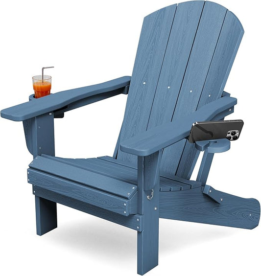 KINGYES Folding Adirondack Chair with Dual Cup Holders - HDPE All-Weather Outdoor Chairs, Wood-Like Patio Chair for Backyard, Camping, Pool & Fire Pit, Navy