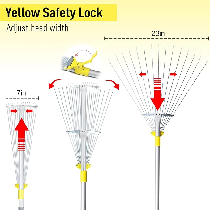 JARDINEER Adjustable Rakes for Leaves, Larger Garden Leaf Rake for Lawns Grass with 7-23" Expandable Head, Yard Collapsible Rake for Camping (64 inches)