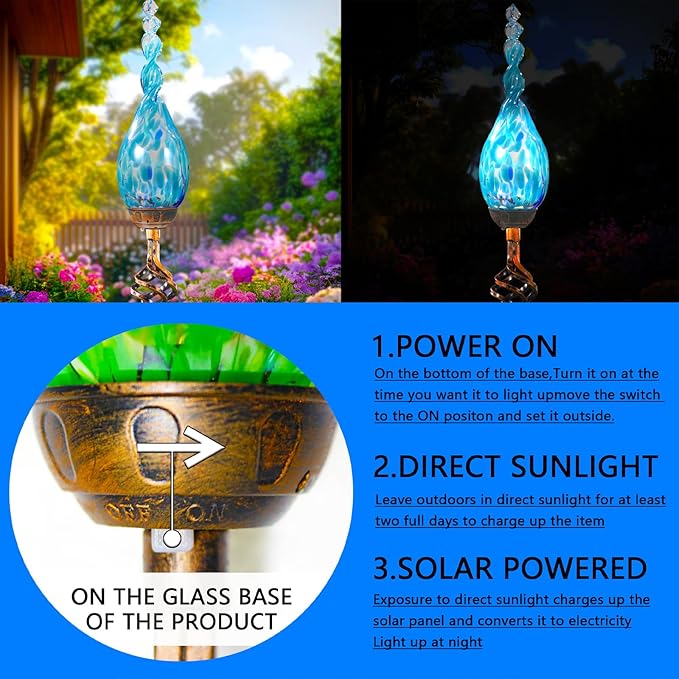 Garden Solar Light, Decorative LED Flame Garden Stakes, Hand Blown Glass and Metal Outdoor Decoration, 3 x 36 Inches (Light Blue)
