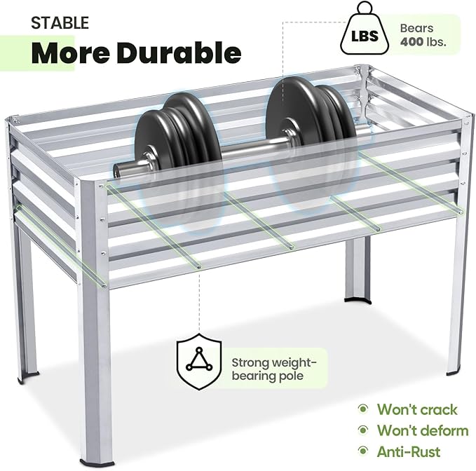 KING BIRD Large Raised Garden Bed with Legs Galvanized Elevated Planter Box 48×24×30 in for Backyard, Patio, Balcony, 400lb Capacity, Silver