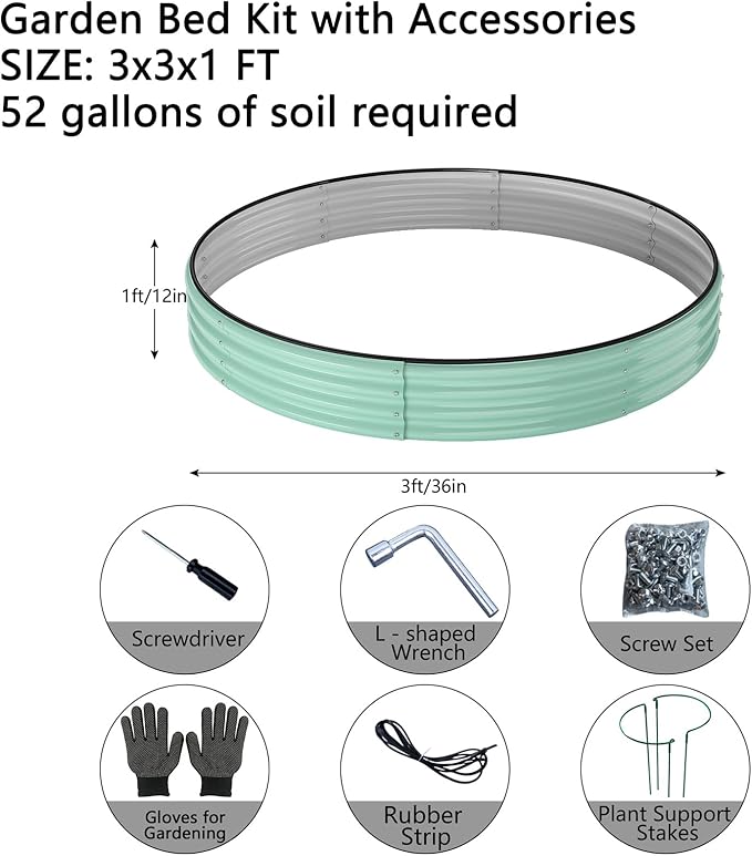 Galvanized Metal Planter Round Raised Garden Bed Kit for Gardening Outdoor，3x3x1ft 2PC Grow Garden Box Raised Flower Bed，Round Galvanized Planter Outdoor Large Metal Fire Pit Ring Green
