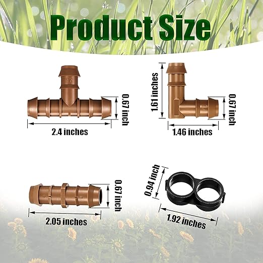 Irrigation Fittings Kit for 1/2 Inch Tubing Include 8 Tees, 8 Couplings, 8 Elbows and 8 End Cap Plugs Drip Irrigation Barbed Connectors, Drip Line Connectors Set