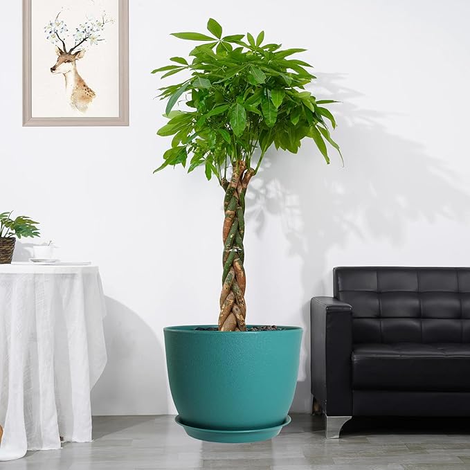 12/10/9 Large Modern Plant Pots, Plastic Planters with Drainage Holes and Saucers for Indoor Outdoor Plants Flowers, Malachite Green