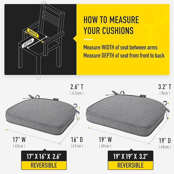 SUNROX Gel Memory Foam Chair Cushions, FadeShield Water-, Stain-Resistant Durable Reversible Seat Cushion Pads with Ties for Indoor/Outdoor Kitchen Dining Office, 19"x19", Set of 4, Heather Charcoal