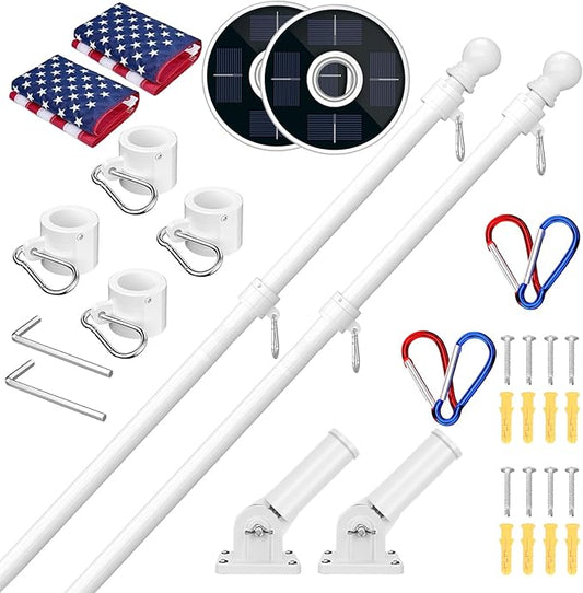 ZMTECH 2 Pack 6FT White Flag Pole Kit with Solar Light and Proud American Flag, Adjustable Bracket and Upgraded Tangle-Free Ring 1" Stainless Steel Flagpole for Day and Night, Residential, Commercial