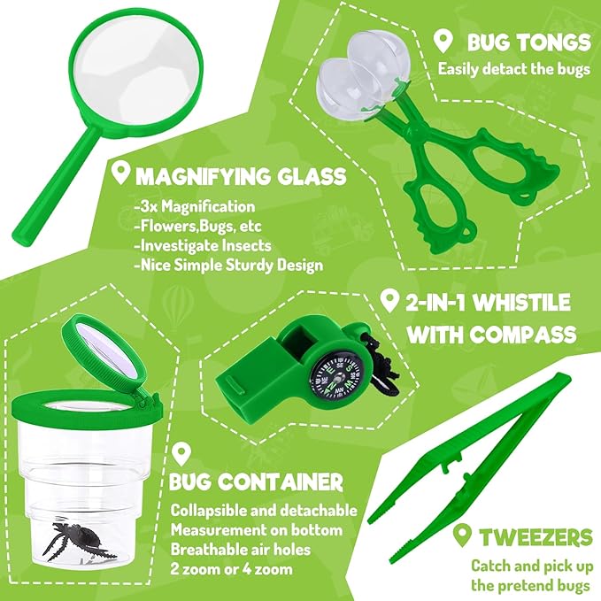 GINMIC Kids Explorer Kit & Bug Catching Kit, 16 Pcs Outdoor Exploration Safari Kit for Kids Camping with Binoculars, Adventure, Hunting, Hiking, Educational Toy Gift for 3-12 Years Old Boys Girls