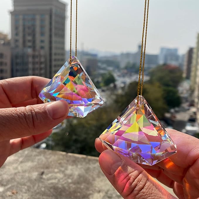 2PCS Clear Diamond Crystal Sun Catcher Prisms, STINO Hanging Suncatchers with Glass Prism, Rainbow Maker for Windows, Balcony, Kitchen, Garden Decoration (1, Diamond ABColor 2Pcs)