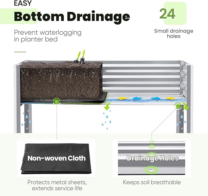 KING BIRD Large Raised Garden Bed with Legs Galvanized Elevated Planter Box 48×24×30 in for Backyard, Patio, Balcony, 400lb Capacity, Silver