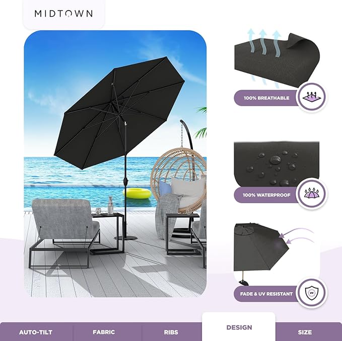 Midtown Umbrellas Sunbrella Umbrella 9 Feet Outdoor Umbrella With Black Acrylic Fabric - Auto-Tilt Aluminum Frame Patio Umbrella For Backyard, Deck, Garden, Pool - Black Pole