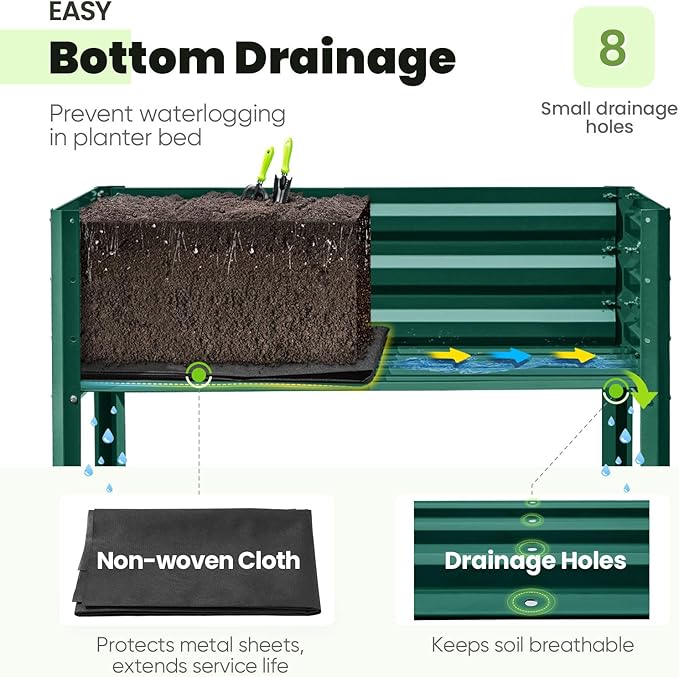 KING BIRD Raised Garden Bed with Legs Galvanized Elevated Planter Box for Backyard, Patio, Balcony, 33.9x17.7x31.5in, Green