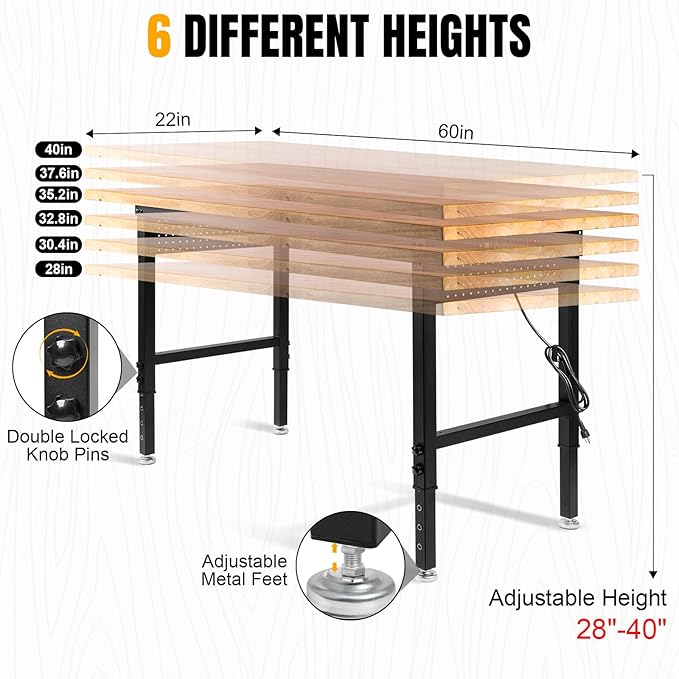 Height Adjustable Workbench Heavy Duty Work Table 2000 LBS Load Capacity 60”×22” Rubber Wood Work Station with Power Outlet & Pegboard for Garage, Workshop, Office,Party Shop, Home