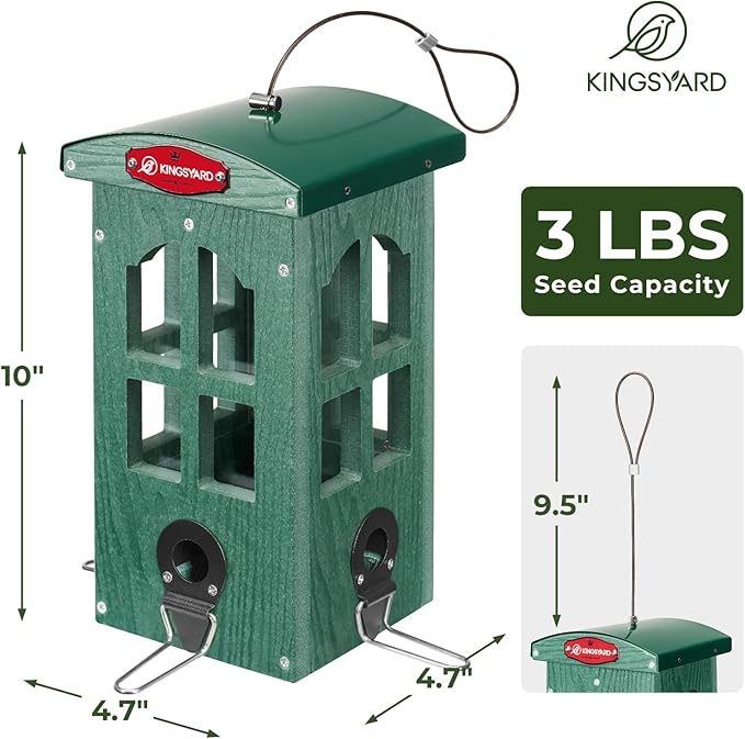 Kingsyard Upgraded Rainproof Bird Feeder for Outdoor Hanging - Metal Feeding Port, Recycled Plastic Wild Bird Feeder with Metal Mesh Tray for Goldfinch Small Bird, Garden Yard Decoration, Green