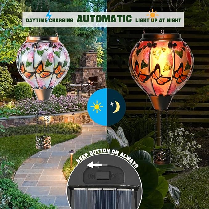 Hot Air Balloon Solar Lantern - Butterfly Stained Glass Lantern with Simulated Flickering Flame, Outdoor Hanging Yard Light Waterproof IP65 & Weather Resistant for Garden Patio Lawn Porch Decor Gfit