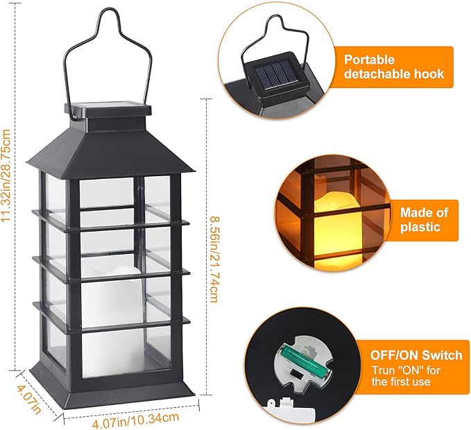 2 Pack Christmas Solar Lantern,Outdoor Garden Hanging Lantern-Waterproof LED Solar Lanterns Plastic Flickering Flameless Candle Mission Lights for Christmas Table, Outdoor, Party Decorative (Black)