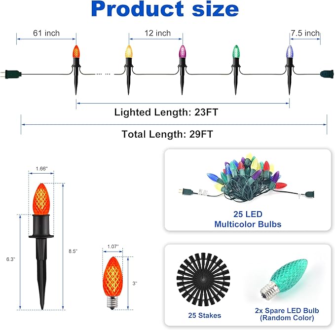 J-HVA 𝙇𝙀𝘿 C9 Strawberry Christmas Pathway Lights - 29ft Christmas Multicolor String Lights Outdoor Waterproof Walkway Lights with 25 Marker Stakes for Xmas Tree Yard Garden Decoration (25 Lights)