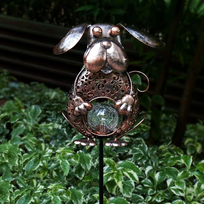 KAIXOXIN Garden Solar Lights Metal Dog Crackle Glass Globe Stake Light,Waterproof Warm White LED Solar Path Lights (Dog-Bronze)
