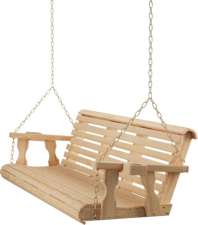 Amish Casual 6 Foot Roll Back Porch Swing with Cup Holders in Unfinished - Amish Made in The USA from Treated Pine Heavy Duty 700 Lb. Weight Capacity