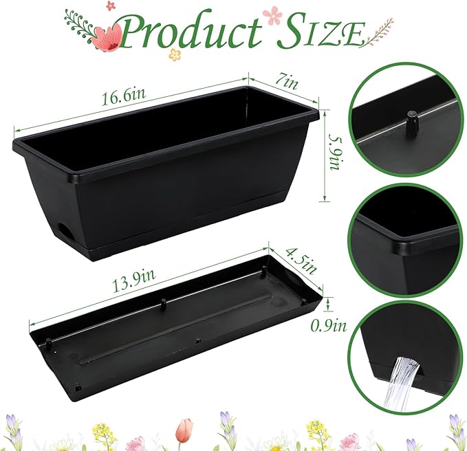 12Pcs 17Inches Rectangle Planter Box with Drainage Holes and Trays Plastic Planters Flower Boxes Pots for Indoor Outdoor Plants Patio Garden Home Decor Porch Yard (Black)