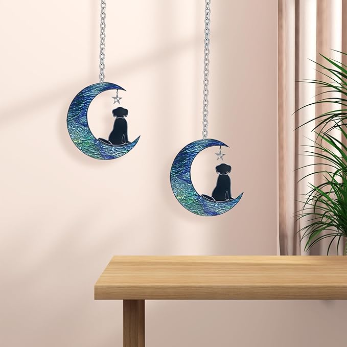 Dog Decor Stained Glass Moon Suncatchers Window Hanging, Wall Art Element Earth Tones Modern Design Home Garden Suncatcher, Dog Lovers for Halloween Decor (Moon Dog)