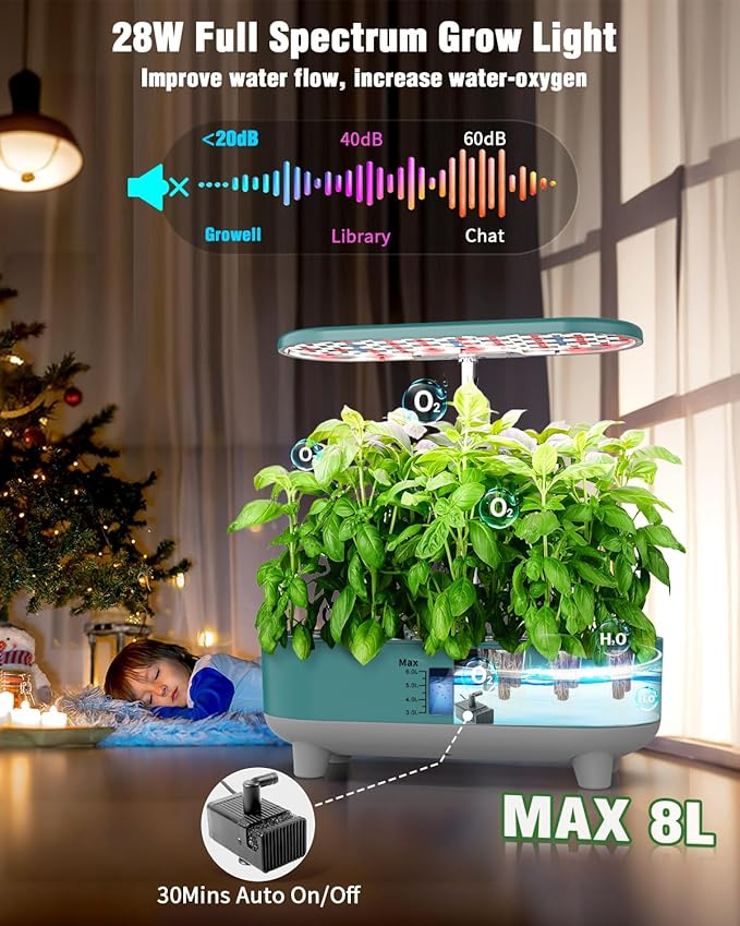 Hydroponics Growing System Kit, 16 Pods Indoor Garden with 28W Full Spectrum LED Grow Light, Auto Timer, 3 Smart Light Modes, 8L Large Herb Garden, Ideal Gardening Gift for Women, Men (Green)